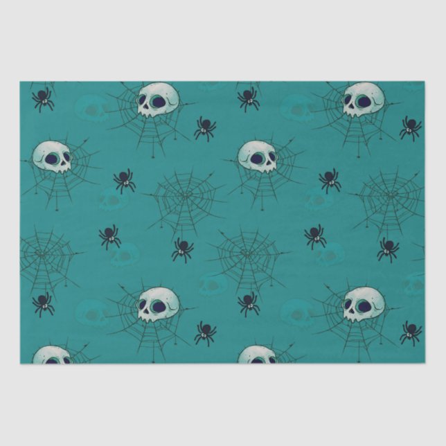 Skulls Spiders Spiderwebs Green Halloween Tissue Paper (Front)