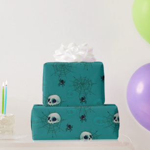 Skulls Spiders Spiderwebs Green Halloween Wrapping Paper