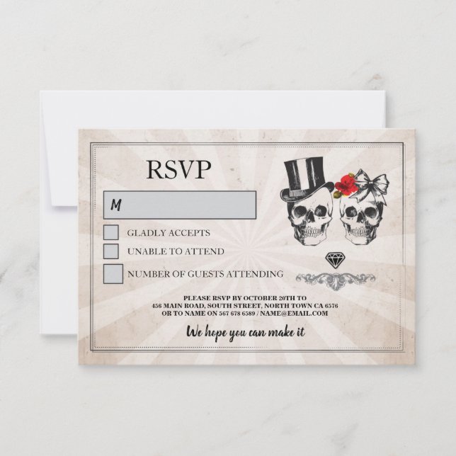 Skulls Wedding RSVP Skull Roses Rustic Cards (Front)