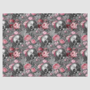Skulls with Pink Roses on Grey Decoupage Tissue Paper
