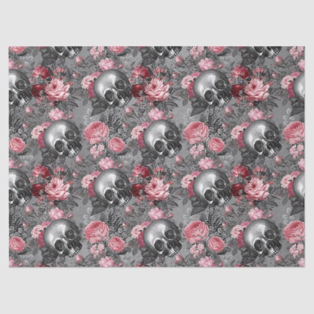 Skulls with Pink Roses on Grey Decoupage Tissue Paper (Front)