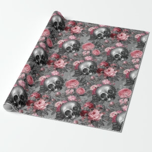 Skulls with Pink Roses on Grey Wrapping Paper