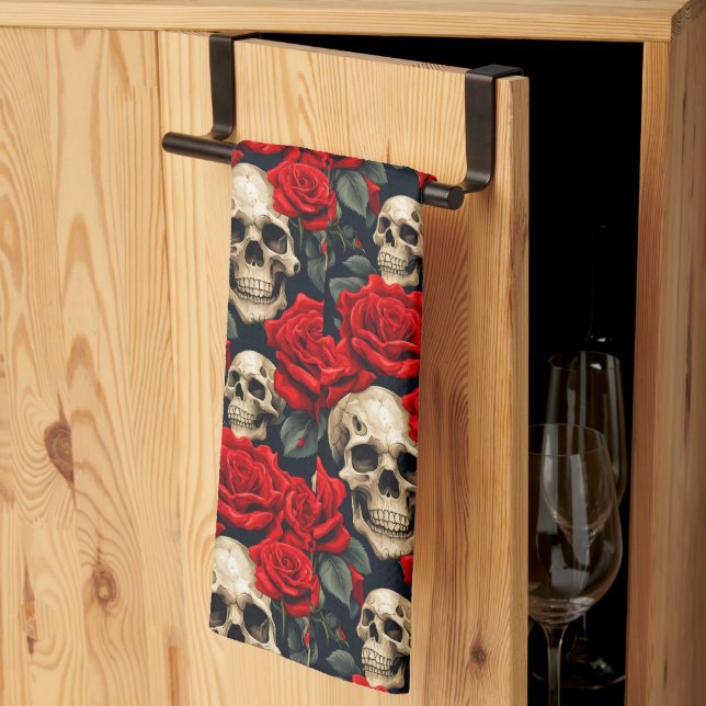 Skulls with Red and Black Roses Tea Towel (Thirds Fold)