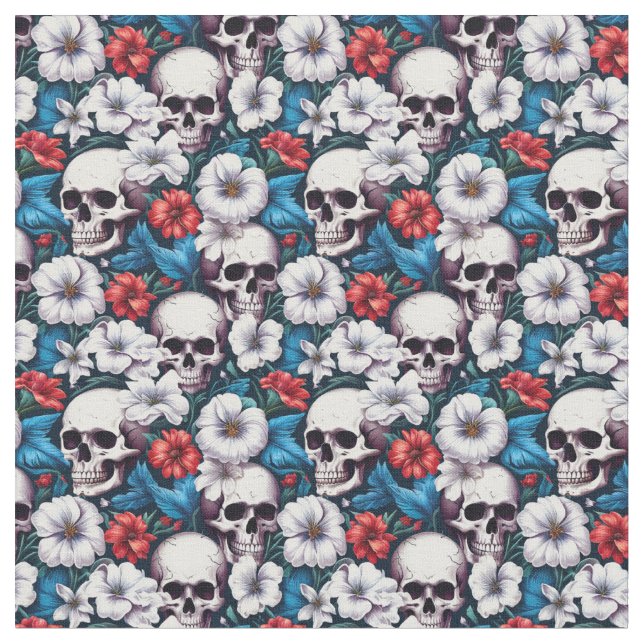 Skulls with Red and White Flowers Fabric (Close Up)