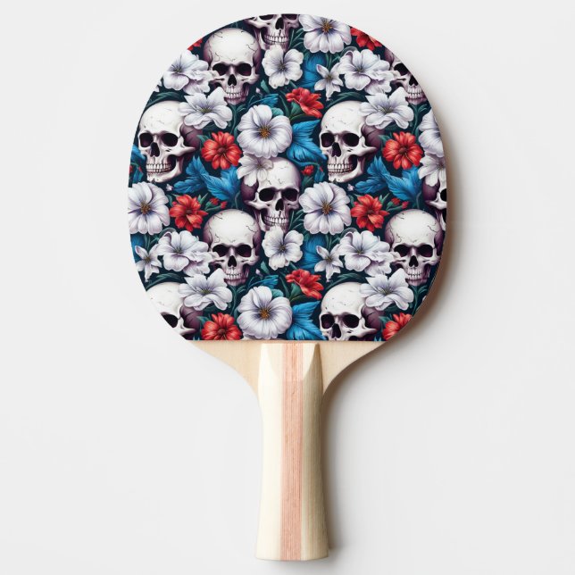 Skulls with Red and White Flowers Ping Pong Paddle (Front)