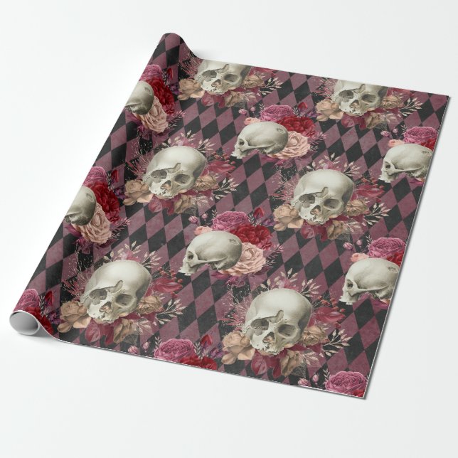 Skulls with Roses and Pink Purple Chequered Wrapping Paper (Unrolled)