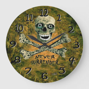 Skully skeleton never surrender pirate wall clock. large clock