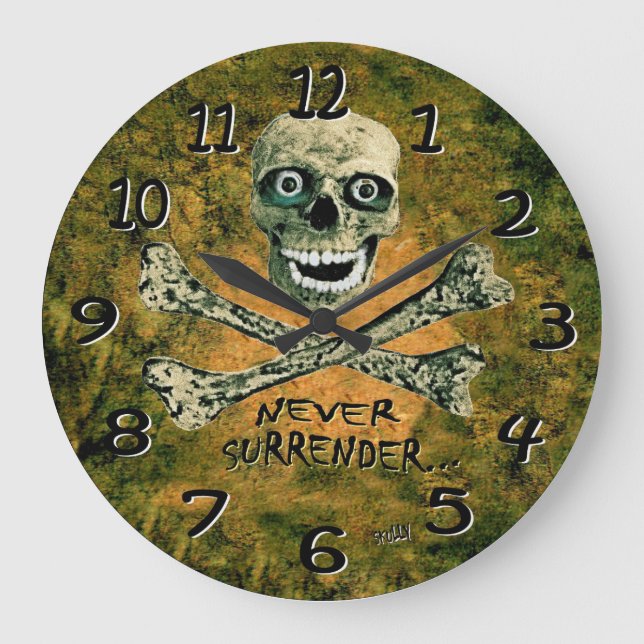 Skully skeleton never surrender pirate wall clock. large clock (Front)