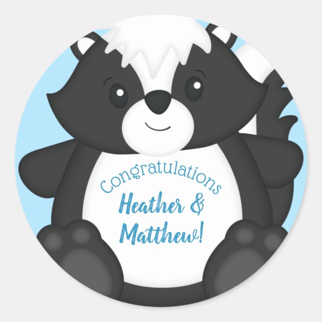 Skunk Baby Shower Blue Classic Round Sticker (Front)