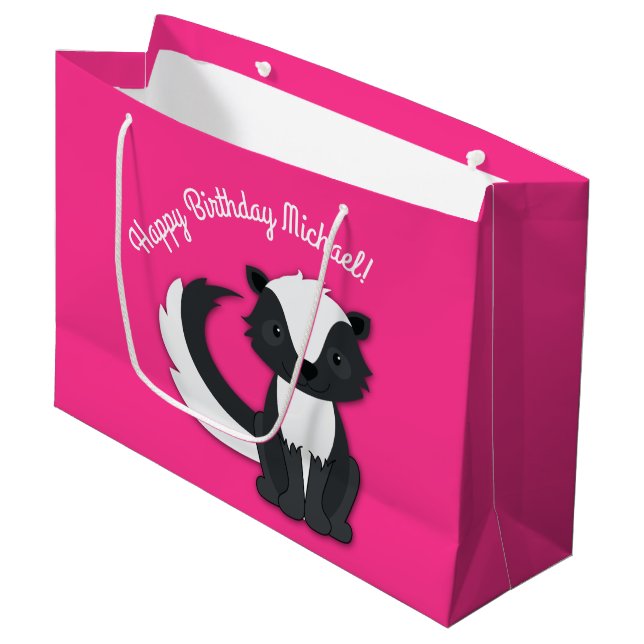 Skunk Birthday Party Kids Pink Large Gift Bag (Front Angled)
