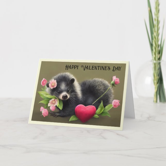 Skunk Hugging Flowers Valentine's Card (Front)