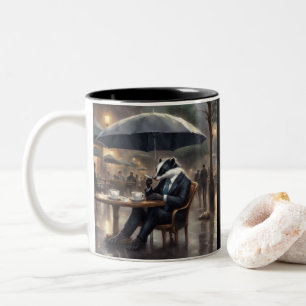 Skunk in a business suit have coffee in the rain Two-Tone coffee mug