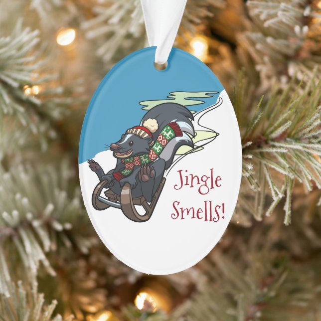 Skunk On A Sled Jingle Smells! Christmas Cartoon Ornament (Tree)