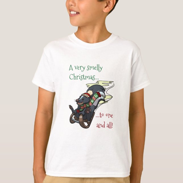Skunk On A Sled Smelly Christmas Sledging Cartoon T-Shirt (Front)