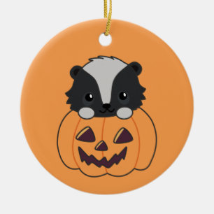 Skunk Pumpkin Cute Skunks Happy Halloween Ceramic  Ornament