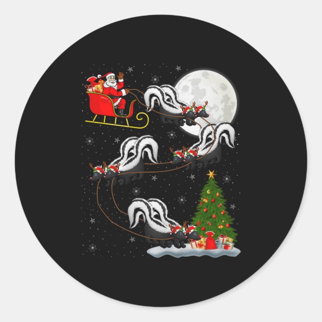 Skunk Santa Sleigh Flying Funny Magical Christmas  Classic Round Sticker (Front)