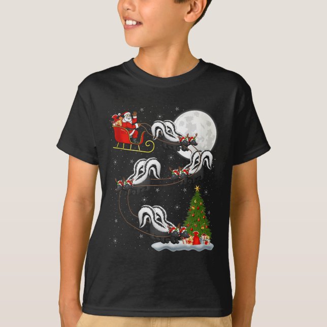 Skunk Santa Sleigh Flying Funny Magical Christmas  T-Shirt (Front)