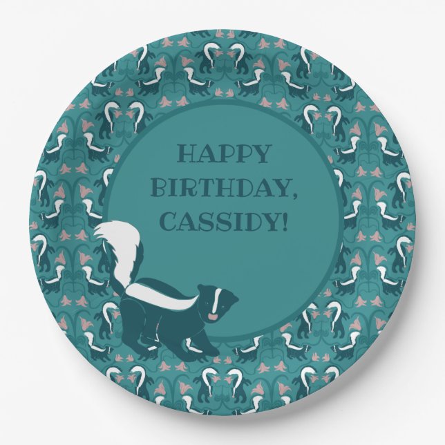 Skunks and Flowers Dark Teal Green Personalised Paper Plate (Front)