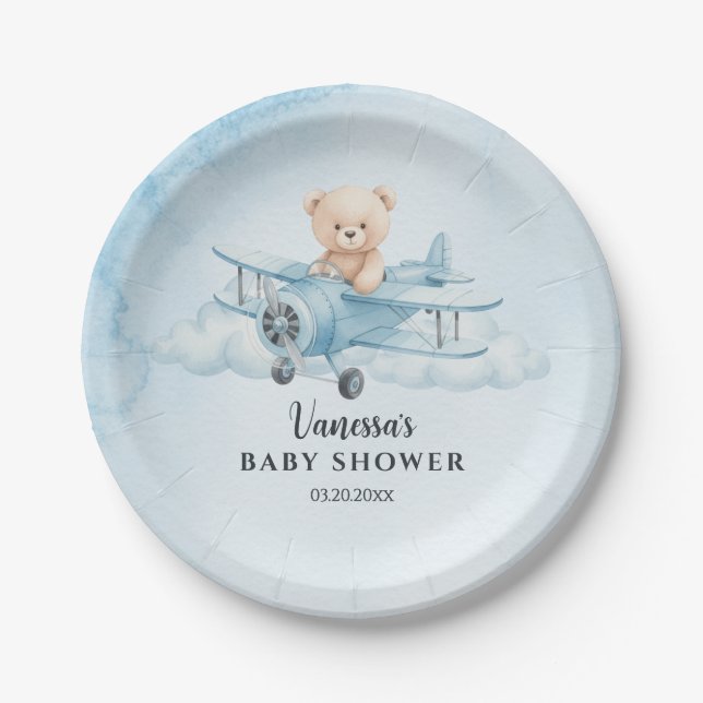 Sky Adventure Cute Teddy Bear Pilot Baby Shower Paper Plate (Front)