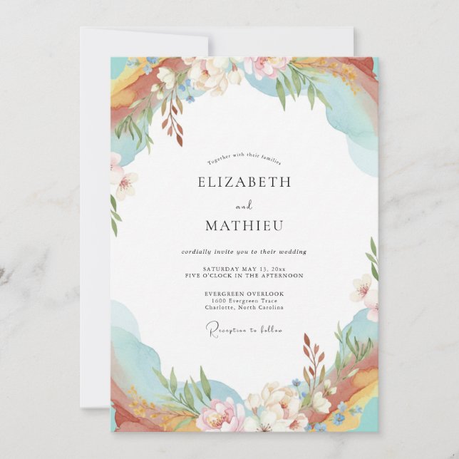 Sky Apricot Wildflower Wedding Invitation (Front)