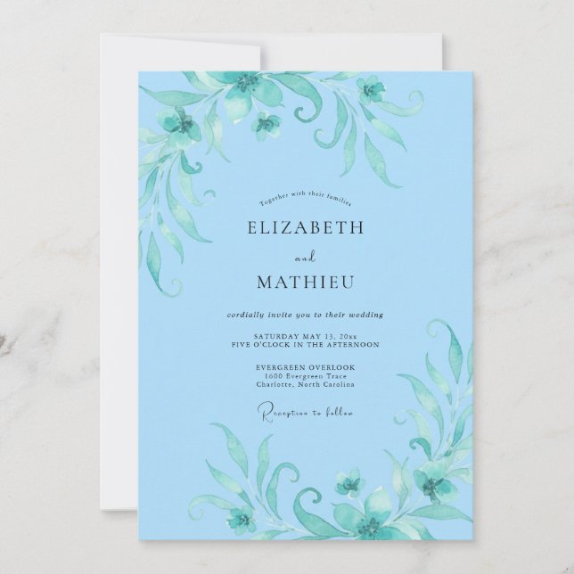 Sky Aqua Foliage Eucalyptus Wedding Invitation (Front)