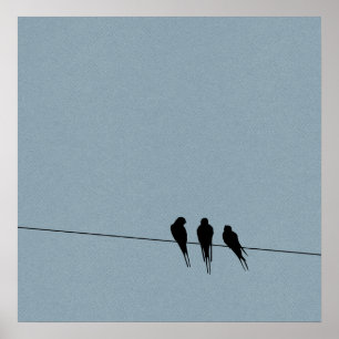 Sky Blackbirds Silhouette on Wire Poster