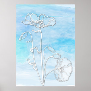 Sky Blue Abstract Watercolor and Poppies Poster