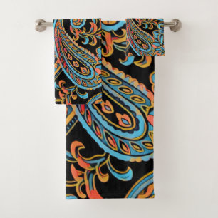Sky Blue and Autumn Orange Vintage Paisley Bath Towel Set