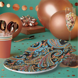 Sky Blue and Autumn Orange Vintage Paisley Paper Plate