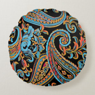 Sky Blue and Autumn Orange Vintage Paisley Round Cushion