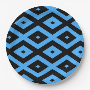 Sky blue and black diamond pattern paper plate