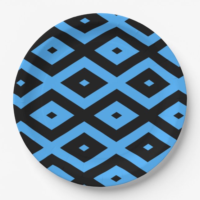 Sky blue and black diamond pattern paper plate (Front)