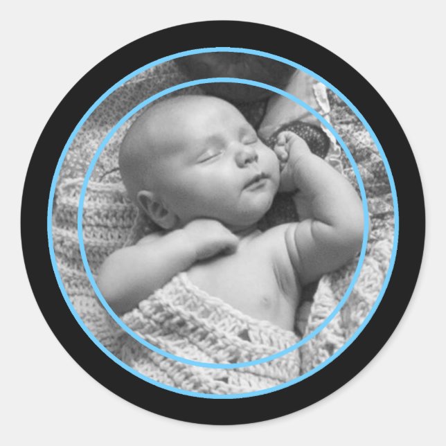 Sky Blue and Black Photo Frame Classic Round Sticker (Front)