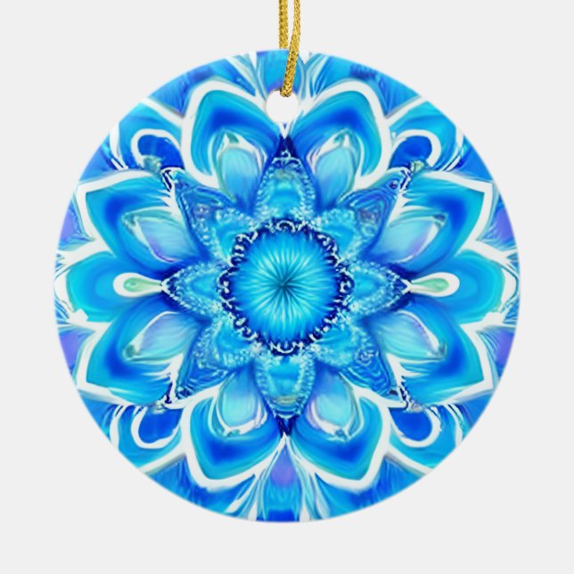 Sky Blue and Cobalt Batik Mandala Pattern  Ceramic Ornament (Front)
