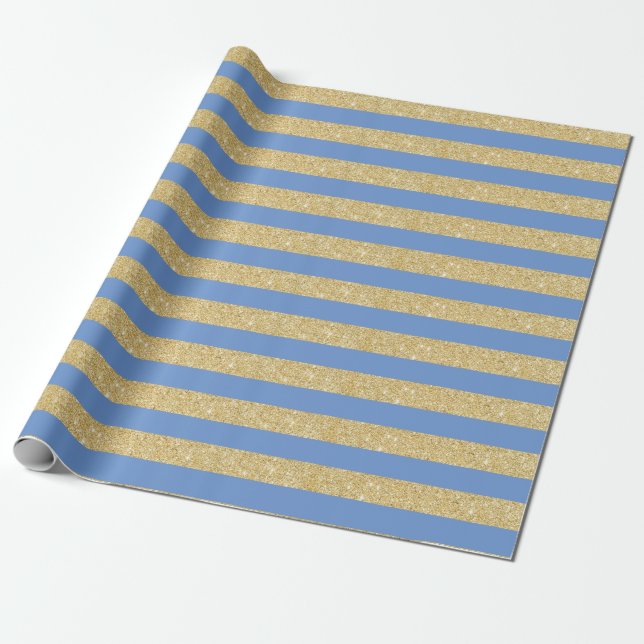 Sky Blue and Gold Glitter Stripes Wrapping Paper (Unrolled)