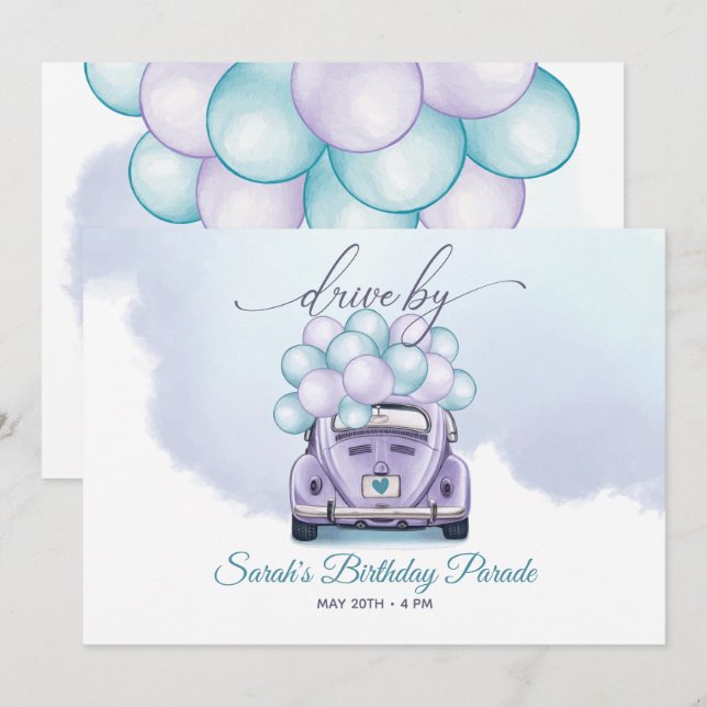 Sky Blue and Lilac Surprise DriveBy Birthday Invitation (Front/Back)
