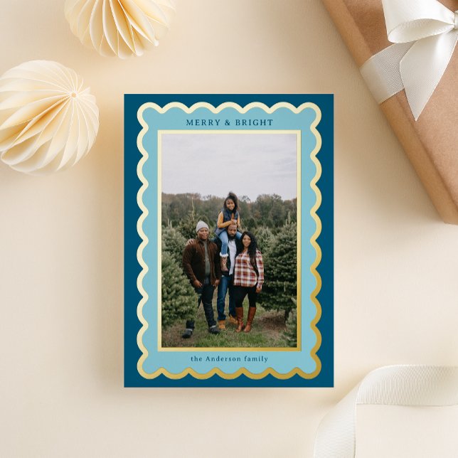 Sky Blue and Navy Preppy Scallop Photo Frame Foil Holiday Card (Creator Uploaded)