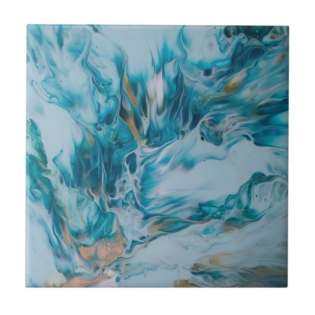 Sky blue and Ocean Green Abstract Painting Ceramic Tile (Front)