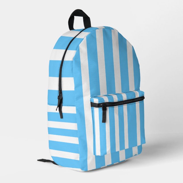 Sky Blue and White Cabana Stripes  Printed Backpack (Back Corner Left)