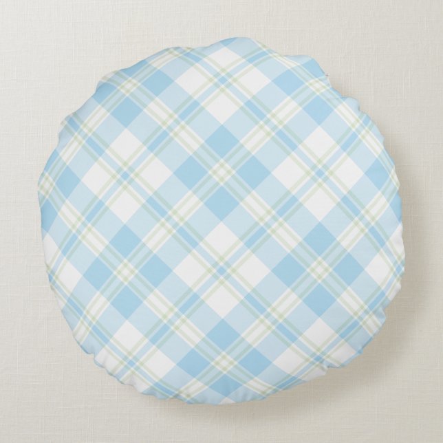 Sky Blue and White Check Round Pillow (Back)
