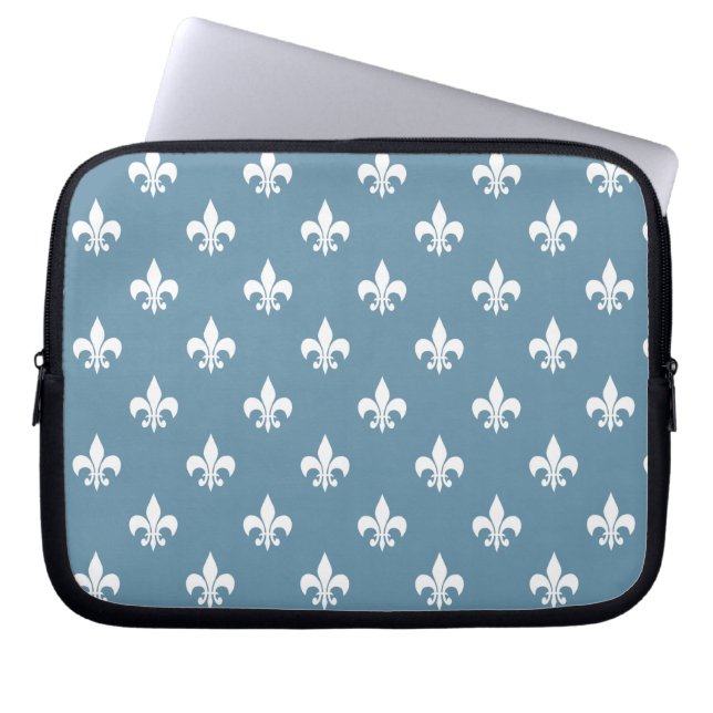 Sky Blue and White Fleur de Lis Pattern Laptop Sleeve (Front)