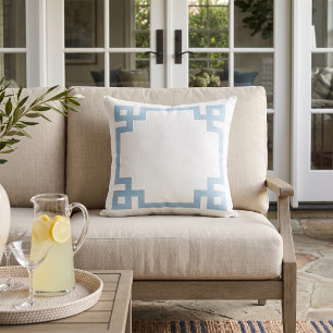 Sky Blue and White Greek Key Border Cushion