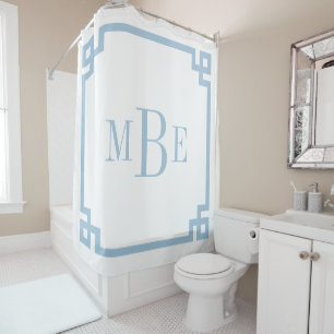 Sky Blue and White Greek Key   Monogrammed Shower Curtain