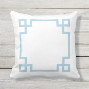 Sky Blue and White Greek Key Outdoor Cushion