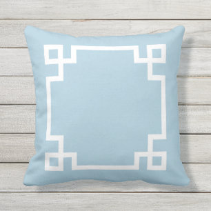 Sky Blue and White Greek Key Outdoor Cushion