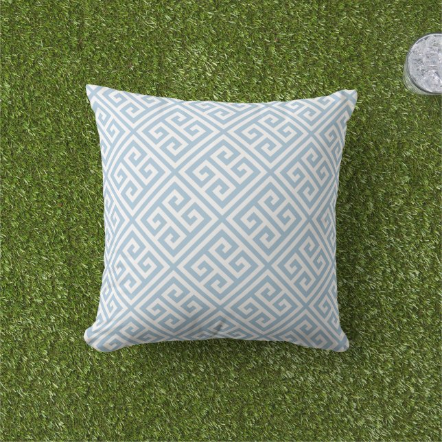 Sky Blue and White Greek Key Pattern Cushion (Grass)