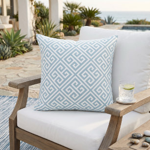 Sky Blue and White Greek Key Pattern Cushion