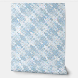 Sky Blue and White Greek Key Pattern Wallpaper