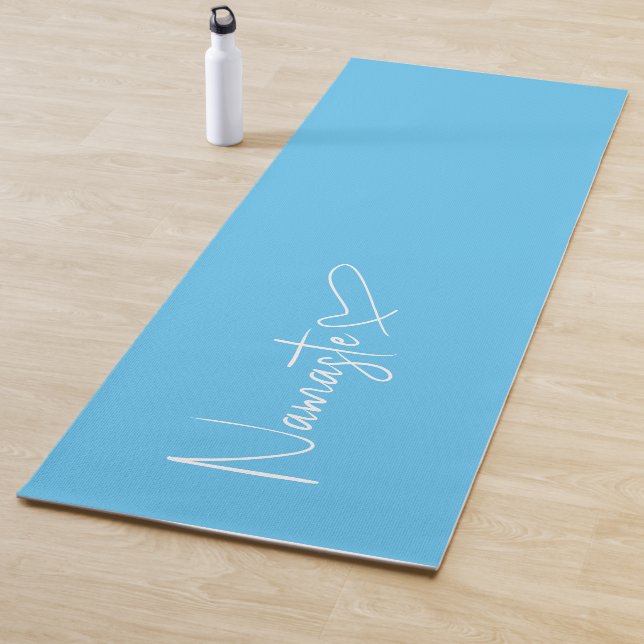 Sky Blue and White Namaste Script Heart Reversible Yoga Mat (In Situ)
