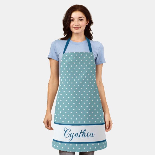 Sky Blue and White Polka Dot Personalised Apron (Worn)